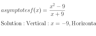 The asymptotes of f(x)=(x^2-9)/(x+9) is Vertical: x=-9,Horizontal: y=x-9 (slant)